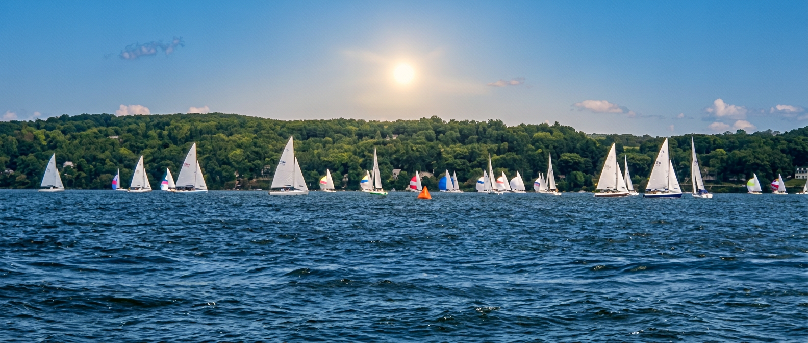 A fleet of sailboats on Saratoga Lake beneath a soft sun